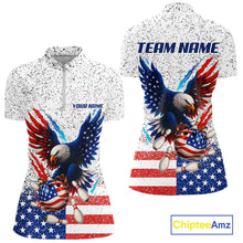 Load image into Gallery viewer, Grunge American Flag Eagle Bowling Polo, 1/4 Zip Shirt For Women Custom patriotic Team Bowling jersey NQS11327