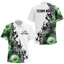 Load image into Gallery viewer, Green Flame Golf Ball pattern fire Black and White Kid golf polos shirts custom golf attire for Kid NQS9435
