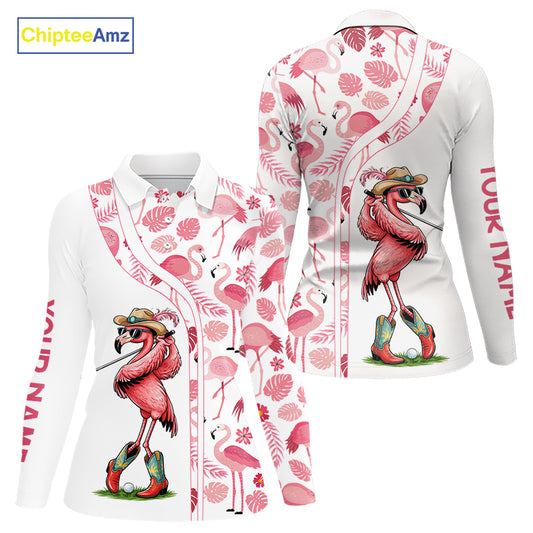 Funny White and Pink Flamingo golf polo shirts for Women Custom team Flamingo golf outfit ladies NQS11546