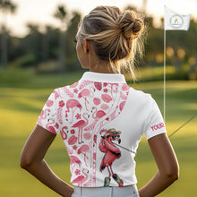 Load image into Gallery viewer, Funny White and Pink Flamingo golf polo shirts for Women Custom team Flamingo golf outfit ladies NQS11546