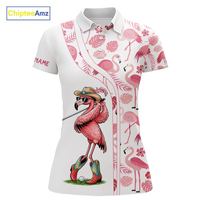 Funny White and Pink Flamingo golf polo shirts for Women Custom team Flamingo golf outfit ladies NQS11546