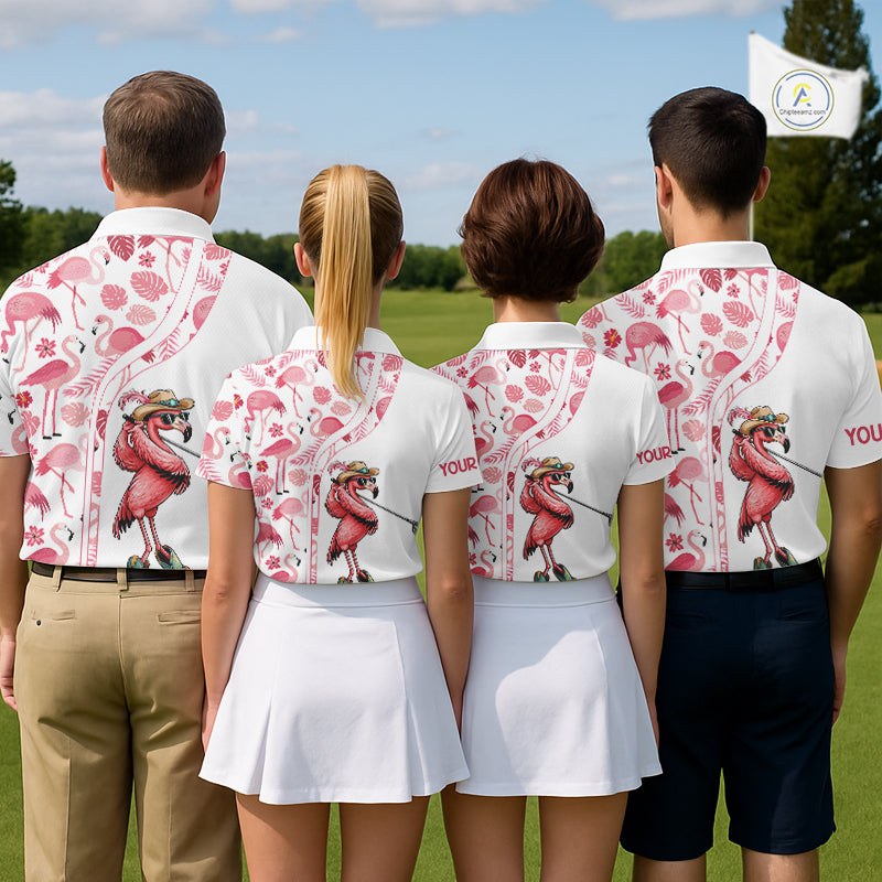 Funny White and Pink Flamingo golf polo shirts for Women Custom team Flamingo golf outfit ladies NQS11546