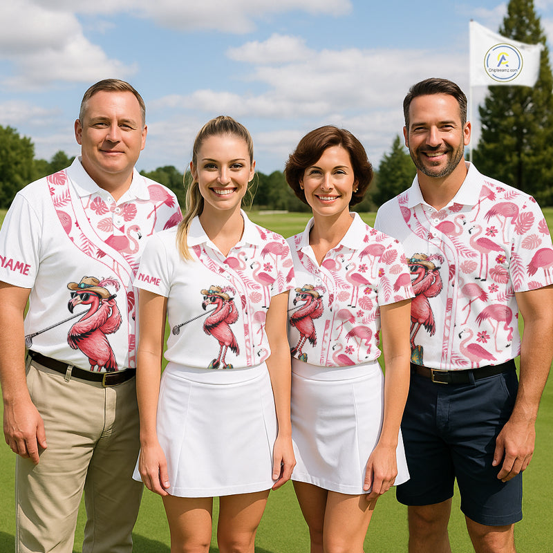 Funny White and Pink Flamingo golf polo shirts for Women Custom team Flamingo golf outfit ladies NQS11546