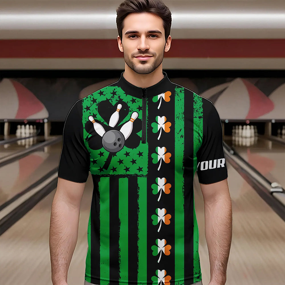 Black and Green American flag Irish Men bowling shirts Custom St Patrick Day Bowling Team Jersey NQS9612