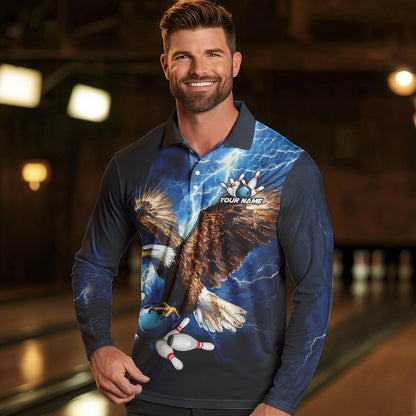 Custom Blue Lightning Thunder storm Eagle Men Bowling Shirts, Bowling Team Jerseys Outfits NQS9765