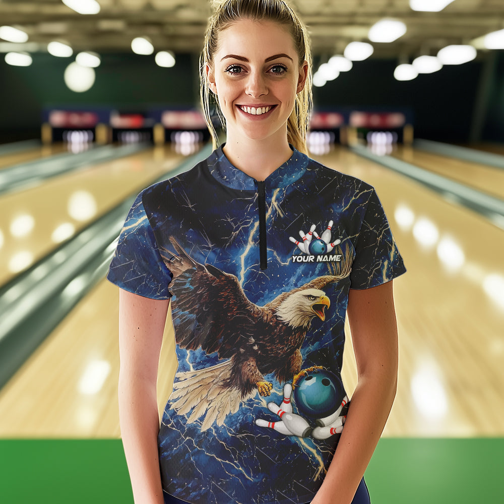 Custom Eagle Bowling Shirts For Women Blue Lightning Thunder storm, Bowling Team Jerseys NQS9766