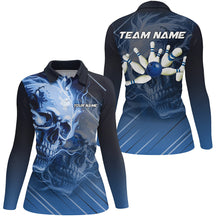 Load image into Gallery viewer, Personalized Skull Bowling Polo, Quarter zip shirts For Women Custom Team Flame Bowler Jerseys | Blue NQS7684
