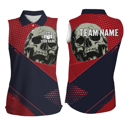 Personalized Red and navy Skull Bowling Sleeveless Polo For Women, Bowling team League Jerseys NQS8352