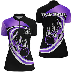 Black & Purple Bowling Polo, 1/4 Zip Shirt For Women Custom Bowling Team League Jersey,Gift For Bowler NQS9044