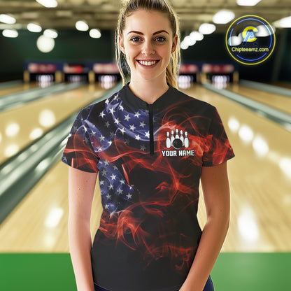 Personalized US Flag Smoke Bowling Shirts For Women Custom Patriotic Team Bowling Jerseys NQS11136