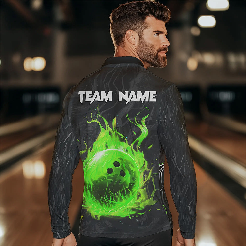 Black Camo Panther Green Flame Bowling Polo, 1/4 Zip Shirts For Men Custom Bowling Team League Jersey NQS9442
