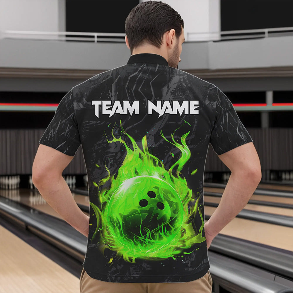 Black Camo Panther Green Flame Bowling Polo, 1/4 Zip Shirts For Men Custom Bowling Team League Jersey NQS9442