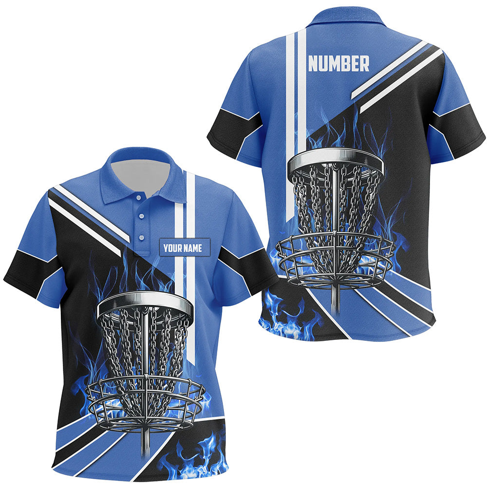 Kid Disc golf polo shirts custom blue flame disc golf basket disc golf outfit, disc golf apparel NQS7358
