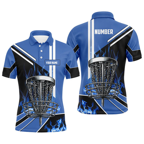 Mens disc golf polo shirt custom blue flame disc golf basket disc golf outfit, disc golf apparel NQS7358
