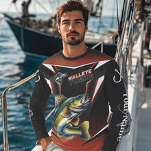 Load image into Gallery viewer, Black and Orange Walleye Long Sleeve Fishing Shirt, Personalized Walleye Fishing Tounament Jersey NQS9772