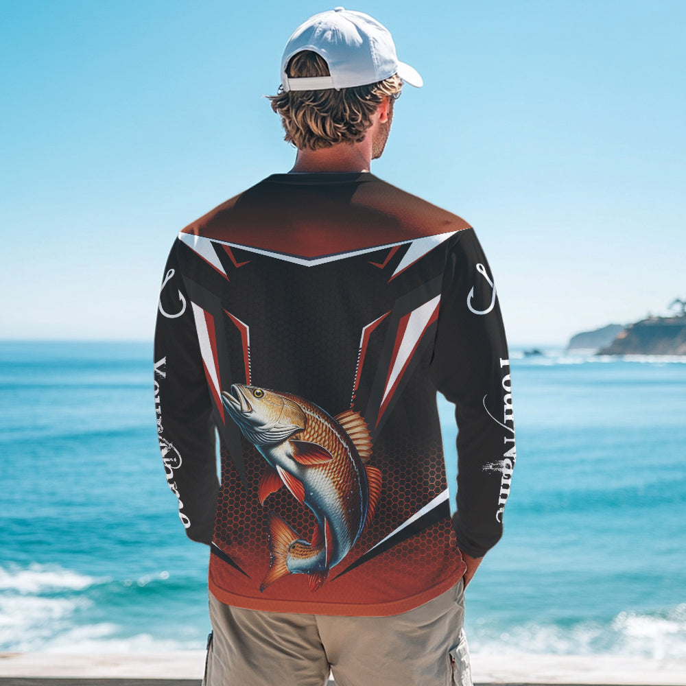 Black and Orange Redfish Long Sleeve Fishing Shirt, Personalized Red Drum Fishing Tounament Jersey NQS9774