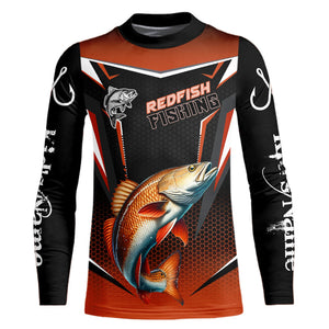 Black and Orange Redfish Long Sleeve Fishing Shirt, Personalized Red Drum Fishing Tounament Jersey NQS9774