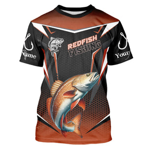 Black and Orange Redfish Long Sleeve Fishing Shirt, Personalized Red Drum Fishing Tounament Jersey NQS9774