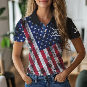 Smoke American Flag Black Golf Polo shirt for Women Custom patriotic Team golf uniform jersey NQS9780