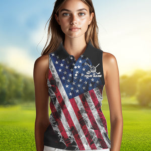 Smoke American Flag Black Women Sleeveless Golf Polo shirt Custom patriotic Team golf uniform jersey NQS9780