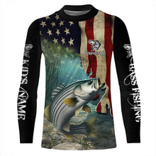 Load image into Gallery viewer, Striped Bass Striper Fishing American Flag Patriotic Custom Sun protection long sleeve fishing shirts NQS512