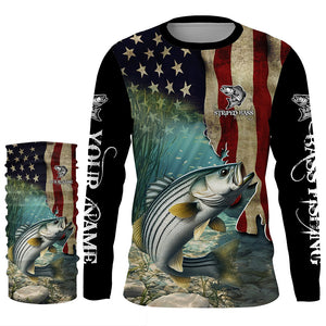 Striped Bass Striper Fishing American Flag Patriotic Custom Sun protection long sleeve fishing shirts NQS512