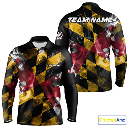 Smoke Maryland Flag Black Bowling Polo, 1/4 Zip shirt for men Custom patriotic Team bowling jersey NQS10322