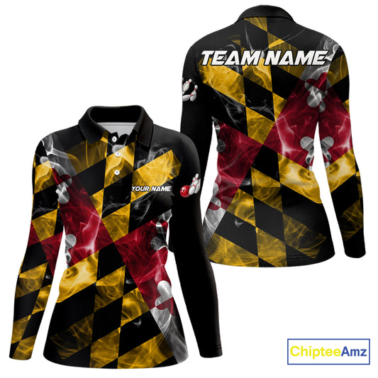 Smoke Maryland Flag Black Bowling Polo, 1/4 Zip shirt for Women Custom patriotic Team bowling jersey NQS10322