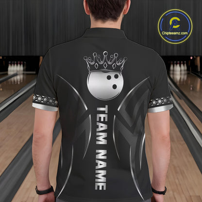 Black and Silver crown Bowling ball Polo, Quarter Zip Shirts for Men Custom Bowling Team jerseys NQS10537