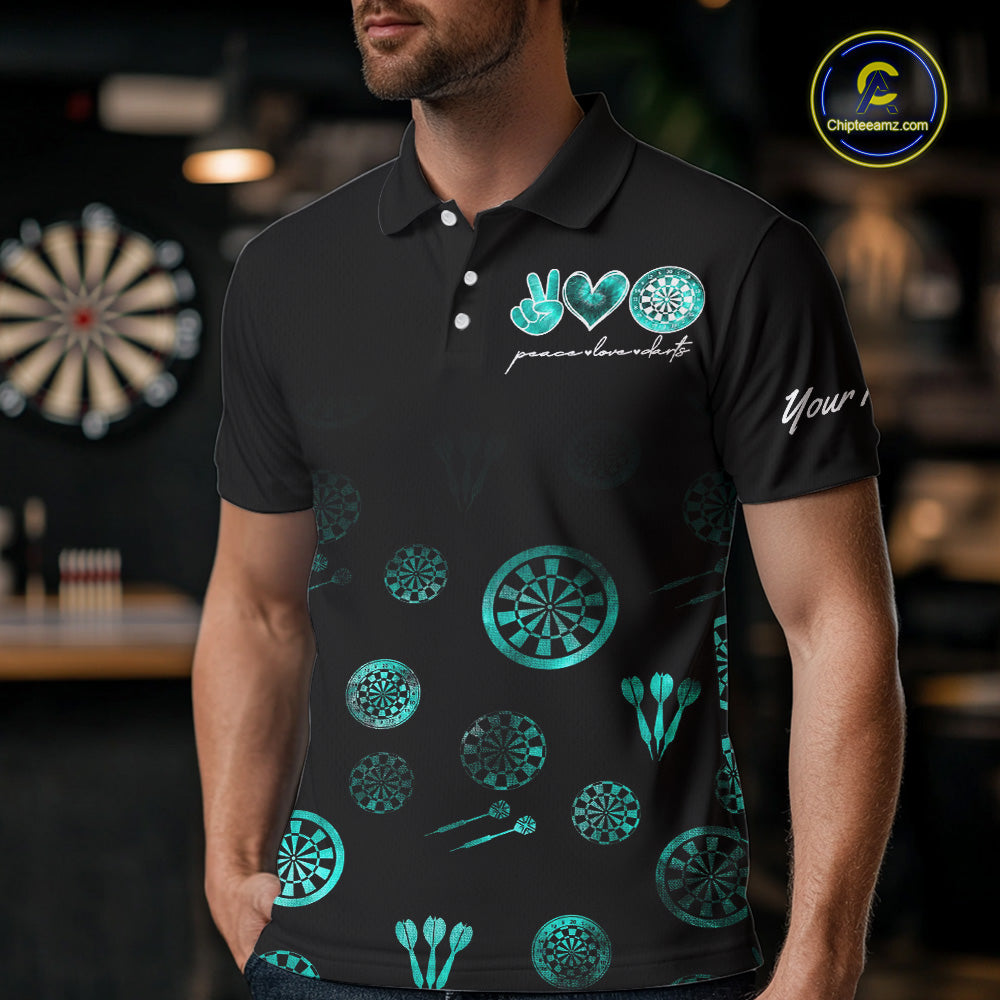 Personalized Turquoise Black Camo Darts Shirts For Men Custom Peace Love Darts Team Jerseys NQS10542