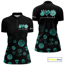 Load image into Gallery viewer, Personalized Turquoise Black Camo Darts Shirts For Women Custom Peace Love Darts Team Jerseys NQS10542
