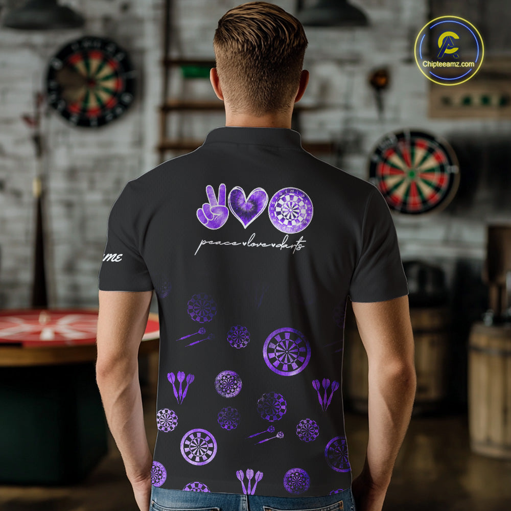 Personalized Purple and Black Camo Darts Shirts For Men Custom Peace Love Darts Team Jerseys NQS10543