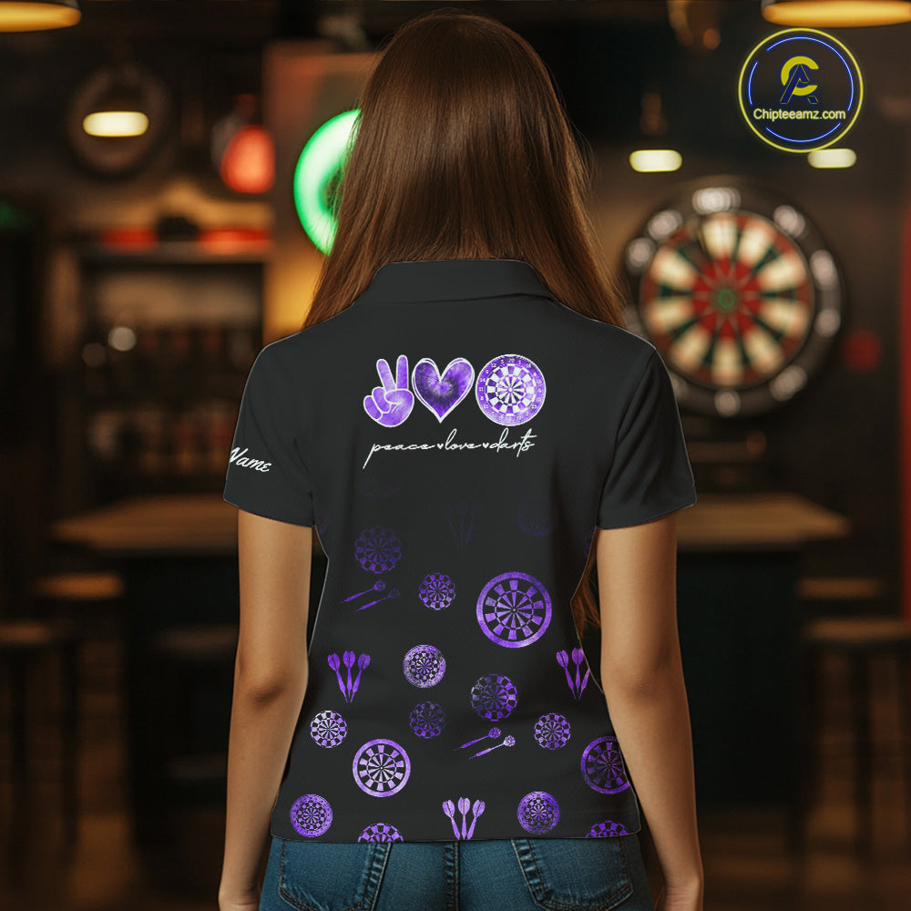 Personalized Purple and Black Camo Darts Shirts For Women Custom Peace Love Darts Team Jerseys NQS10543