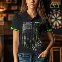 Load image into Gallery viewer, Black &amp; White grunge American Flag Skull Women Darts Shirt Custom patriotic Team Darts Jersey | Green NQS10748