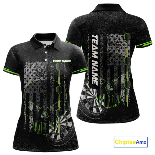 Black & White grunge American Flag Skull Women Darts Shirt Custom patriotic Team Darts Jersey | Green NQS10748