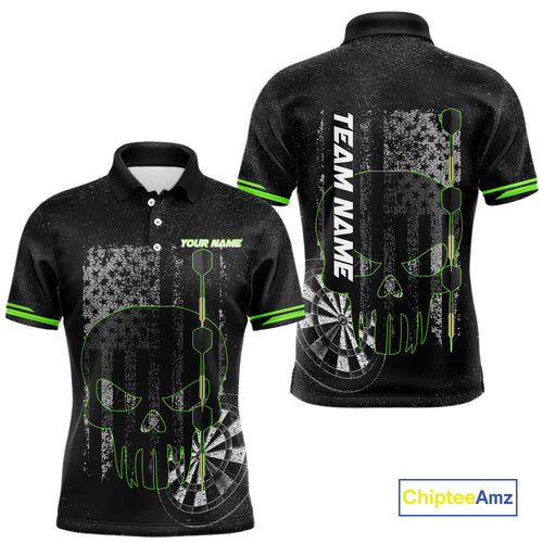 Black & White grunge American Flag Skull Mens Darts Shirt Custom patriotic Team Darts Jersey | Green NQS10748