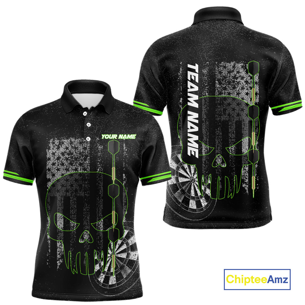 Black & White grunge American Flag Skull Mens Darts Shirt Custom patriotic Team Darts Jersey | Green NQS10748