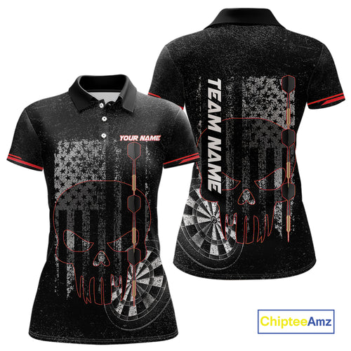 Black & White grunge American Flag Skull Women Darts Shirt Custom patriotic Team Darts Jersey | Red NQS10749