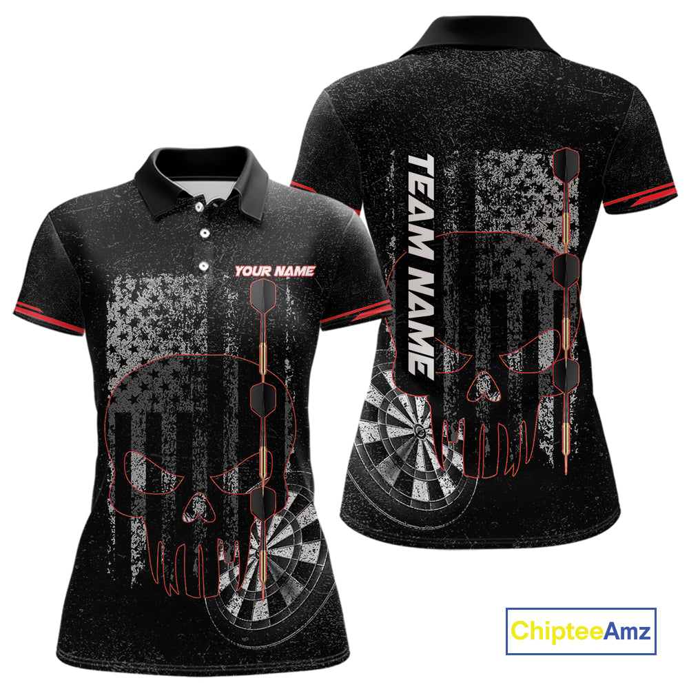 Black & White grunge American Flag Skull Women Darts Shirt Custom patriotic Team Darts Jersey | Red NQS10749