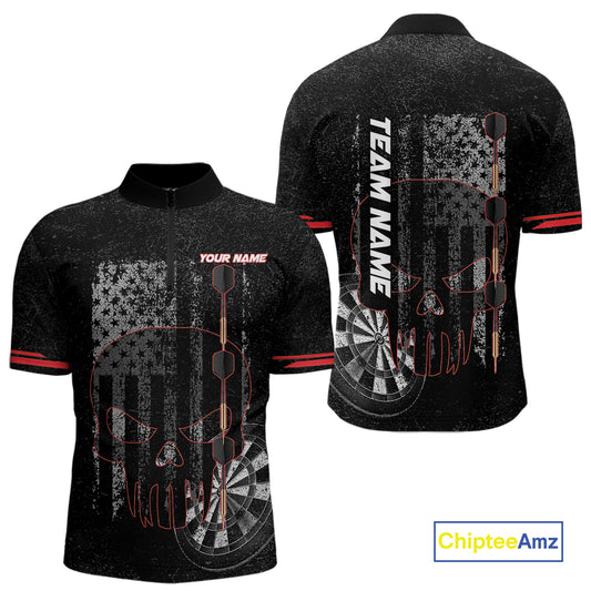 Black & White grunge American Flag Skull Mens Darts Shirt Custom patriotic Team Darts Jersey | Red NQS10749