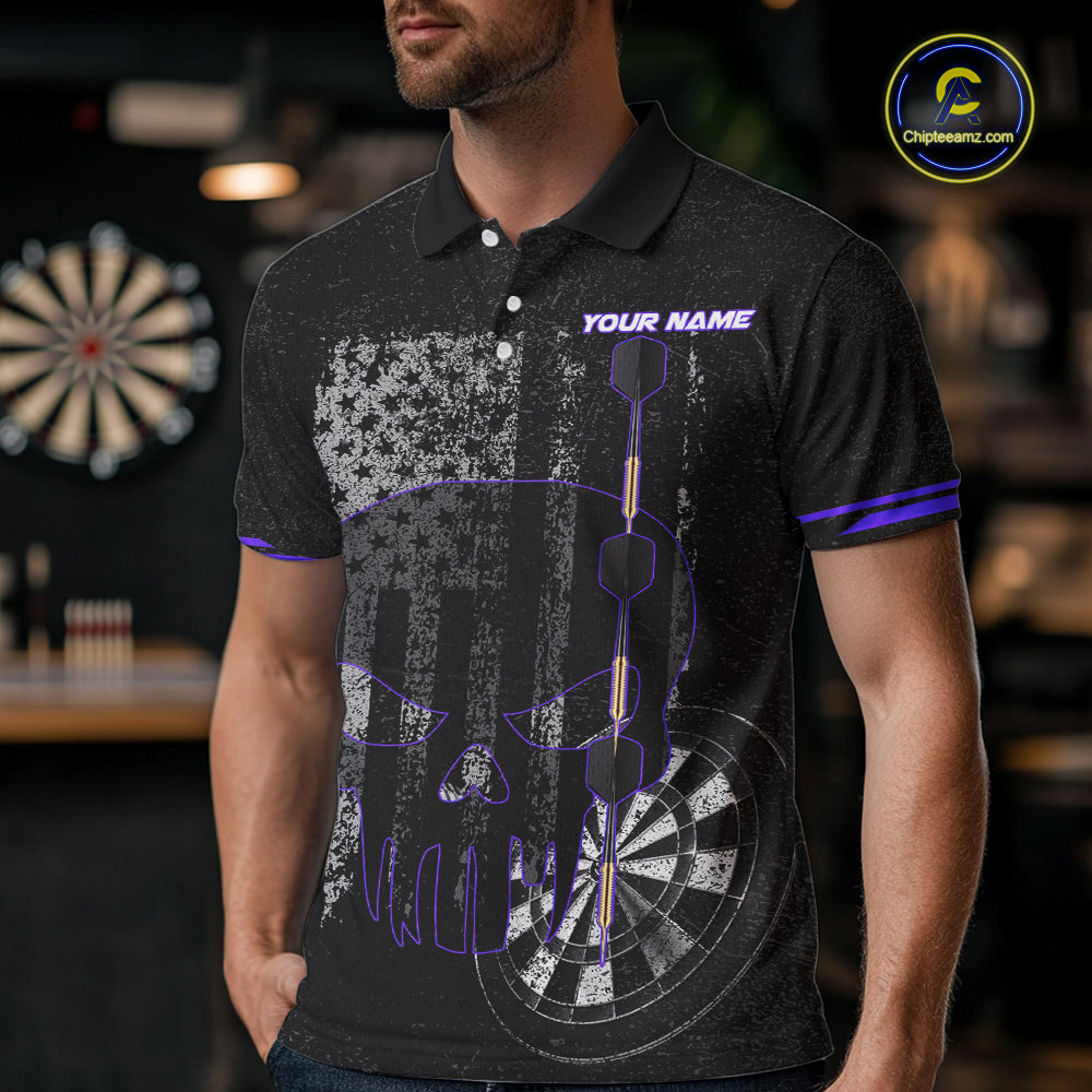 Black & White grunge American Flag Skull Mens Darts Shirt Custom patriotic Team Darts Jersey | Purple NQS10750