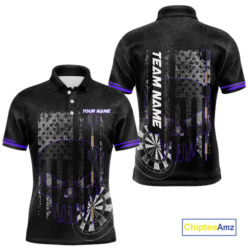 Black & White grunge American Flag Skull Mens Darts Shirt Custom patriotic Team Darts Jersey | Purple NQS10750