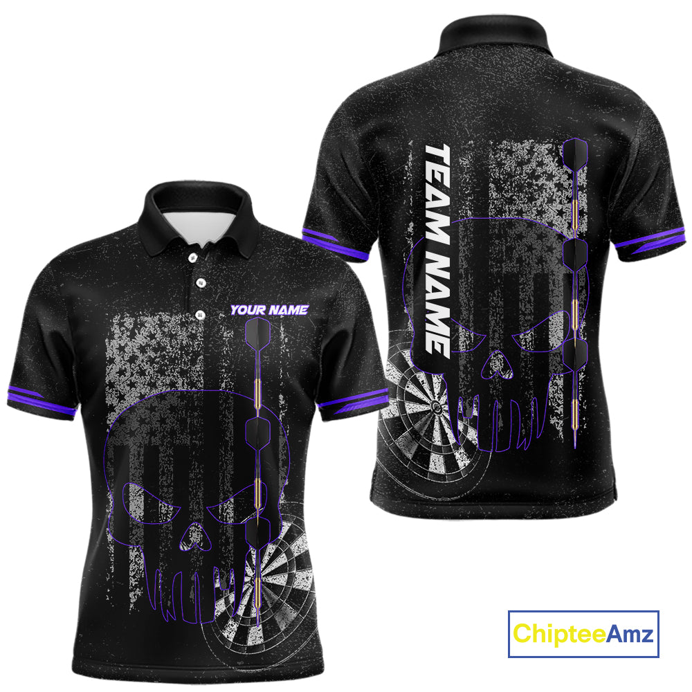 Black & White grunge American Flag Skull Mens Darts Shirt Custom patriotic Team Darts Jersey | Purple NQS10750