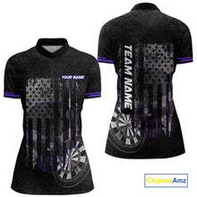 Load image into Gallery viewer, Black &amp; White grunge American Flag Skull Women Darts Shirt Custom patriotic Team Darts Jersey| Purple NQS10750