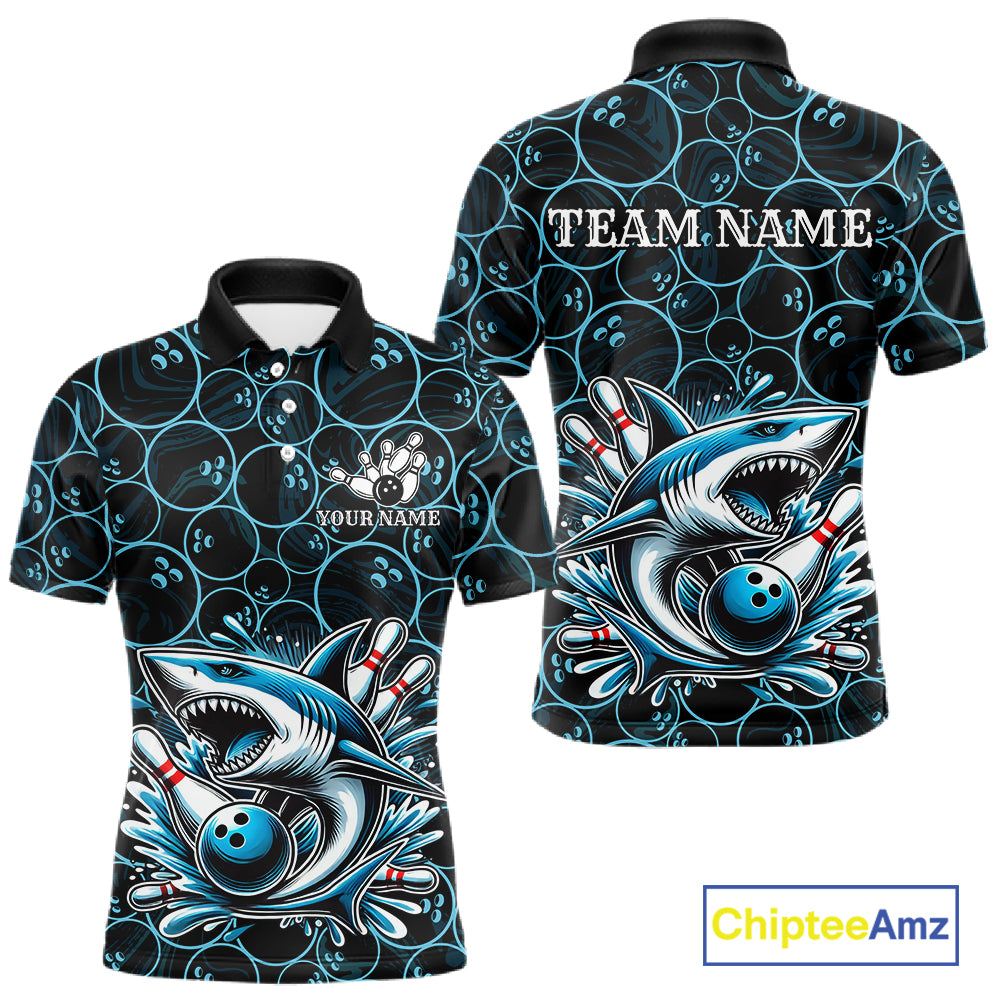 Black and Blue Camo Shark Bowling Polo, Quarter Zip Shirt For Men Custom Team Shark Bowling jerseys NQS11338