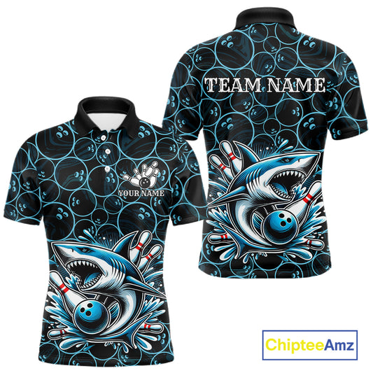 Black and Blue Camo Shark Bowling Polo, Quarter Zip Shirt For Men Custom Team Shark Bowling jerseys NQS11338