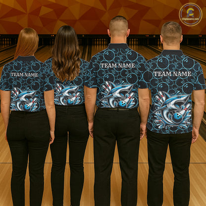 Black and Blue Camo Shark Bowling Polo, Quarter Zip Shirt For Men Custom Team Shark Bowling jerseys NQS11338