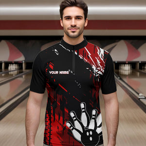 Black and Red Mens bowling shirts Custom retro bowling ball and pins bowling team league jerseys NQS9454