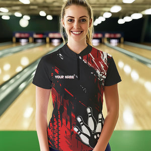 Black and Red Womens bowling shirts Custom retro bowling ball and pins bowling team league jerseys NQS9454