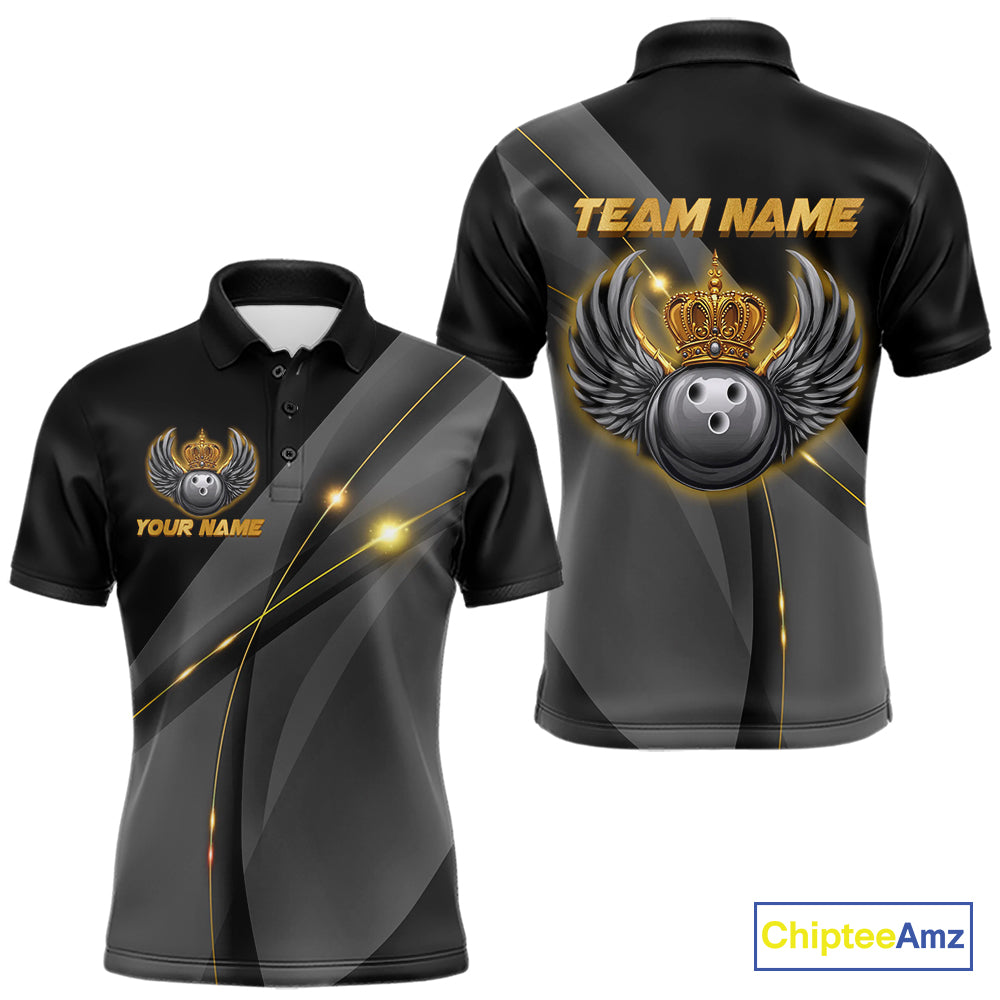 Black and Gold Crown Bowling ball wings Bowling Shirts For Men Custom Bowling Team Outfits NQS10549